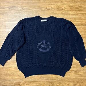 Vintage Burberrys Navy Blue Cable Knit Cotton Sweater Made in England XL